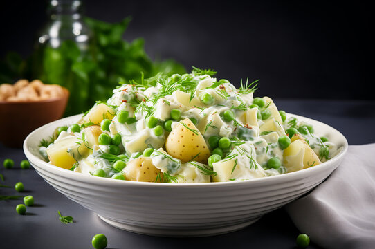 Fresh potato salad in a white bowl with green peas and dill. Perfect dish for festive occasions and family gatherings.