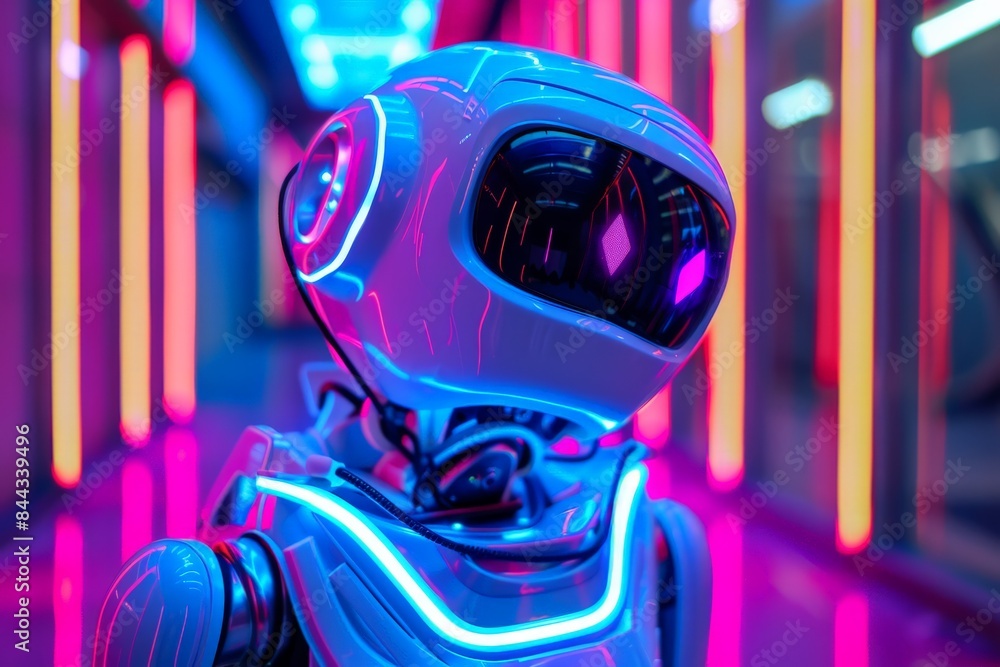 Aufkleber an image showcasing a robot's head with stylized neon blue illumination, captured in a cyberpunk-ins