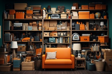 armchair and a bunch of shelves and boxes with various objects against the wall, as a background and part of the interior