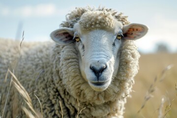 Fototapeta premium This image captures a close and detailed view of a sheep's face and wool, set against a soft-focus natural background