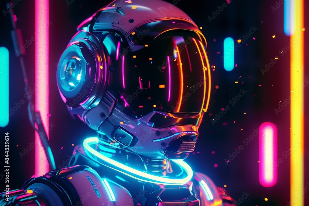 Aufkleber a striking image of a futuristic robot with a reflective surface illuminated by vivid neon lights, c
