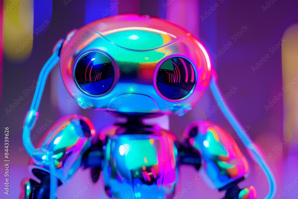 Aufkleber a charming robotic figure with large eyes and a glossy finish, highlighted by soft neon lighting
