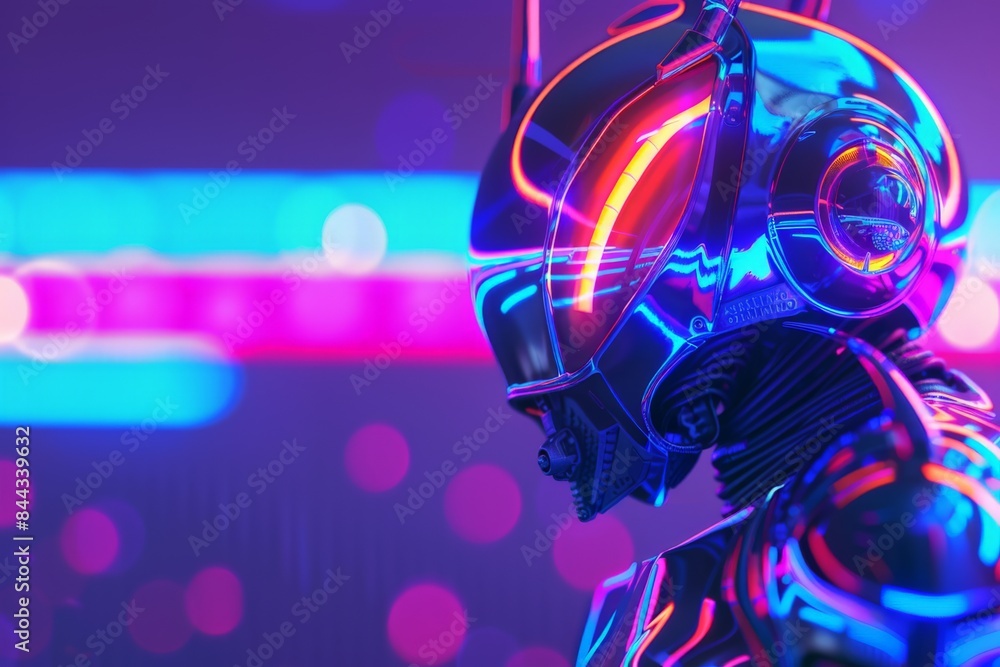 Leinwandbilder a side profile image of a futuristic robot head against a blurred background with intense neon light