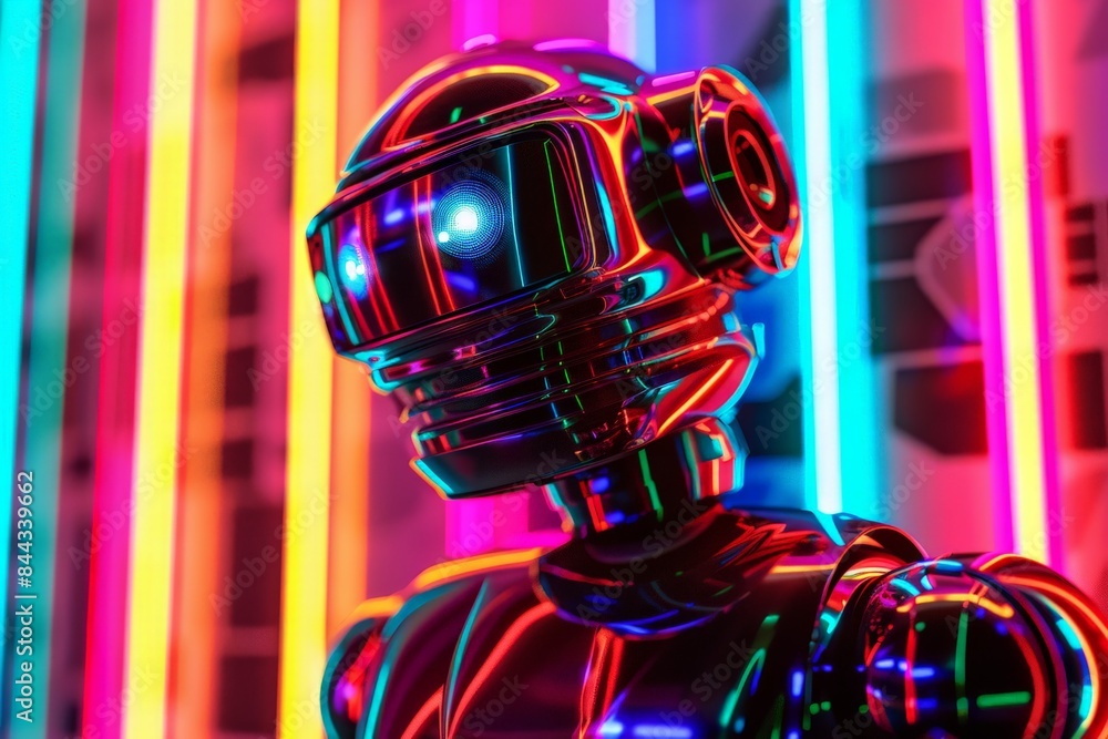 Poster a sleek robot with intricate details stands before a background of colorful neon lines
