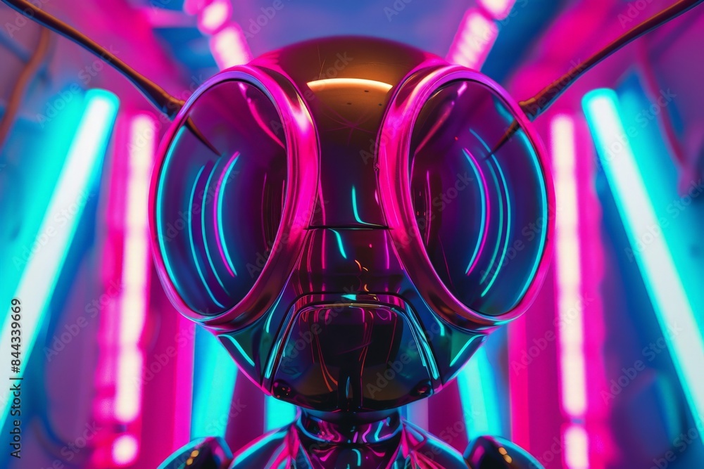 Aufkleber A glossy robot head with a reflective surface surrounded by colorful neon lights, depicting an advanced AI