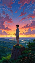 The boy looks at the fabulous sunset with clouds, the low horizon of summer blooming nature. Anime style