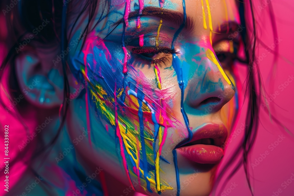 Poster close-up of a model's face adorned with vivid, multicolored paint strokes