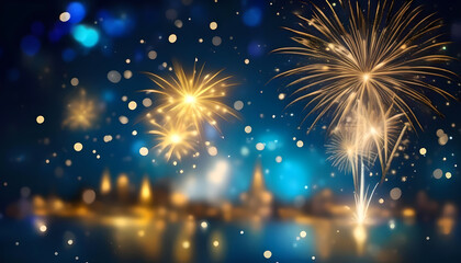 Gold and blue Fireworks and bokeh in New Year eve and copy space. Abstract background holiday