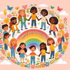 Friendship day illustration background with saying Happy Friendship Day, Children friends group holding each other's hands in a circle Infront of a rainbow and enjoying Happy Friendship Day