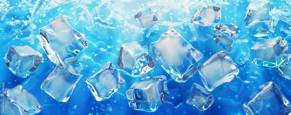 Poster ice cubes floating in water creating refreshing cold blue background