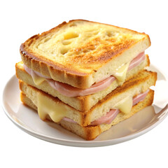 Sandwich croque monsieur on white plate isolated on Transparent background.