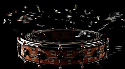 A tambourine surrounded by floating musical notes emphasizing its role in creating harmonious...