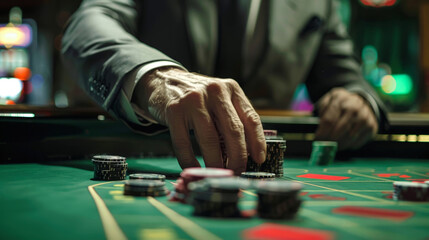 A close-up shot of a casino players hand placing chips on a roulette table