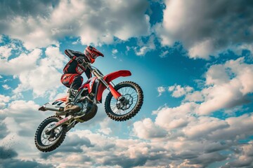 Fototapeta premium A motocross rider performing a high jump against a dramatic sky backdrop