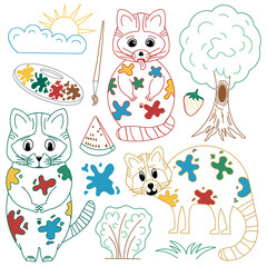 Raccoon children's cartoon. A set of doodle style elements for coloring. With paint blots. Without background.