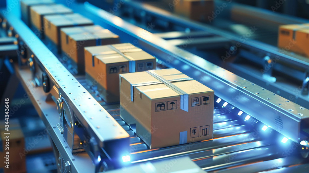 Poster a conveyor belt in motion with various boxes on it, likely part of a parcel sorting system in a ware