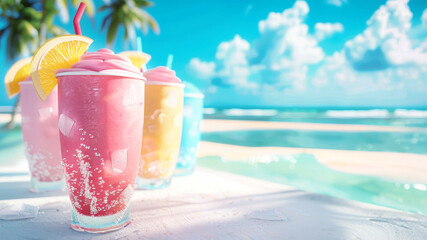 Obraz premium Four colorful smoothies, adorned with lemon slices and straws, stand ready to quench thirst on a picturesque tropical beach