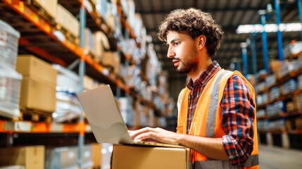 A warehouse worker uses a laptop to check inventory in a bustling distribution center, surrounded by stacked boxes and shelves