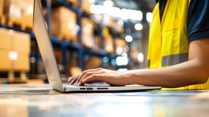 A warehouse worker sits at a desk in a bustling warehouse, diligently typing on a laptop, amidst shelves stacked high with boxes