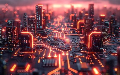 Future city miniature designed on electronic circuits, futuristic tech graphic image