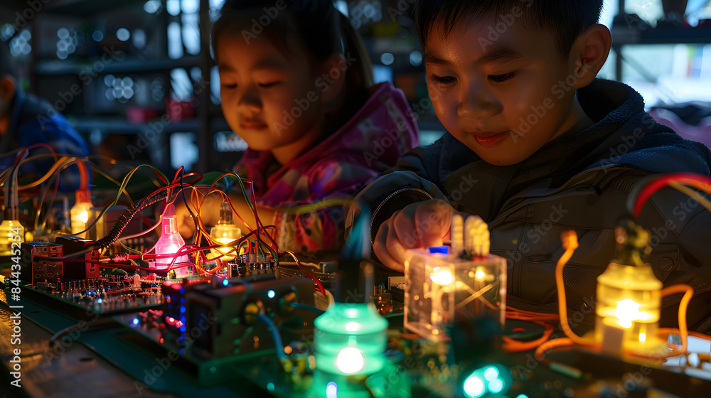 Poster children in an electrician workshop learning to build small robots and lanterns from electronic comp