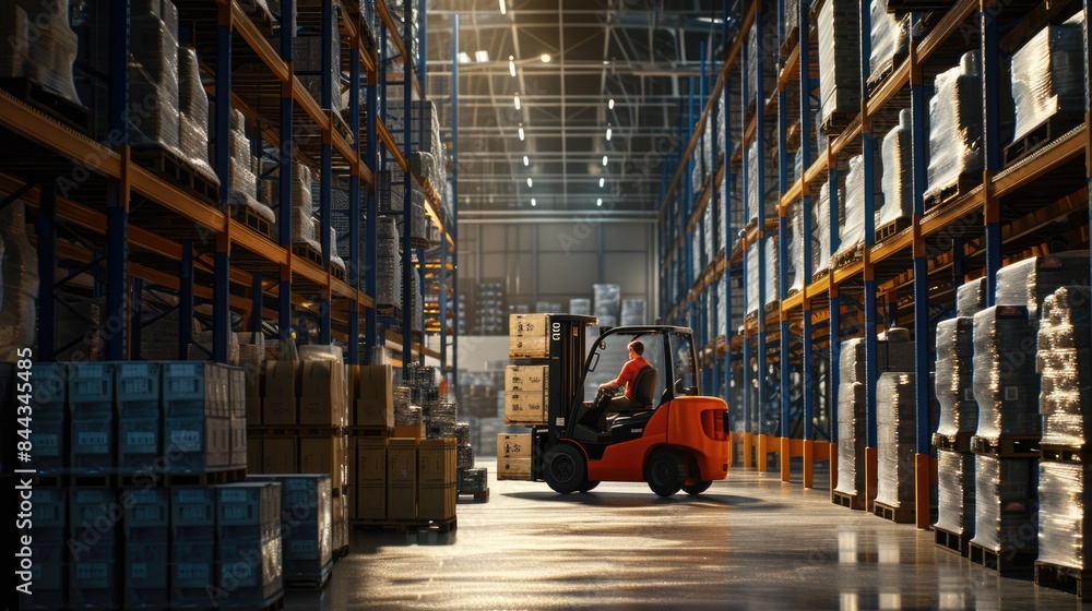 Poster smart warehouse worker or operator driving forklift and lifted product surrounded with box at storag
