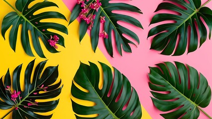 Tropical palm monstera leaves on summer yellow and pink background flat lay top view