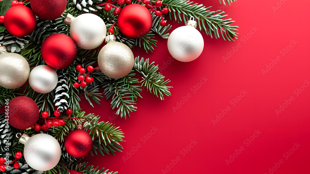 Poster christmas background with red and white decorations on the left side. red color backdrop. banner des