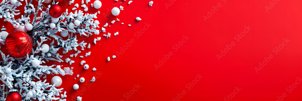 Poster christmas background with red and white decorations on the left side. red color backdrop. banner des