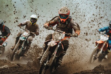 A motocross race in the rain with riders battling through the mud