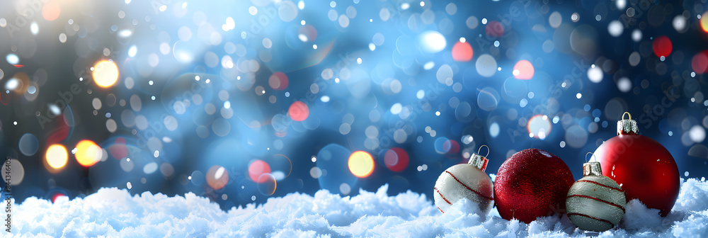 Poster christmas background with red and white ornaments on snow. shiny bokeh lights and blue abstract glit