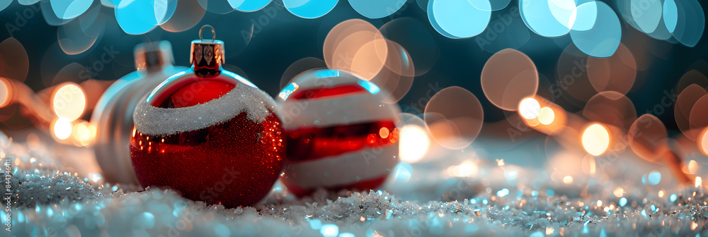 Poster christmas background with red and white ornaments on snow. shiny bokeh lights and blue abstract glit