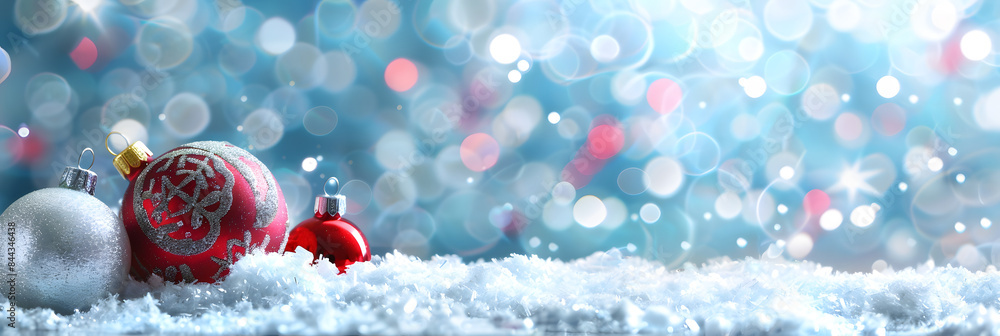 Poster christmas background with red and white ornaments on snow. shiny bokeh lights and blue abstract glit