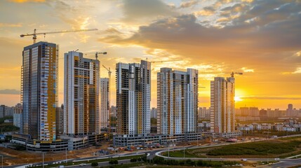 Naklejka premium Construction of new residential high-rise buildings. Against the background of a yellow sunset sky, crane, architecture, industrial, development, tower
