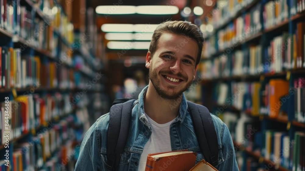 Wall mural handsome smile student man with backpack and books in library, education, university, cheerful, coll - Wall murals
