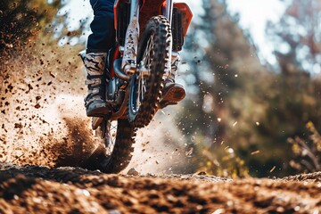 A close-up of a motocross bike in mid-air with the rider fully geared up