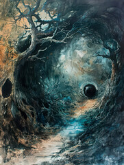 A dark and mysterious forest with a glowing portal in the distance. The trees are twisted and gnarled, and the ground is covered in a thick layer of leaves