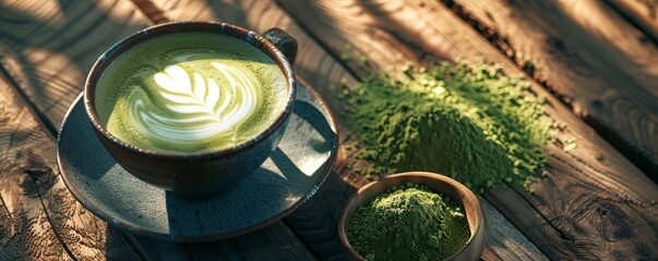 Barista preparing a cup of matcha latte with latte art on wooden table