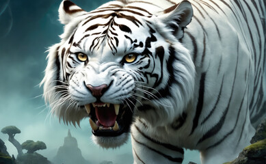 Naklejka premium Fantasy Illustration of a wild animal white tiger. Digital art style wallpaper background.