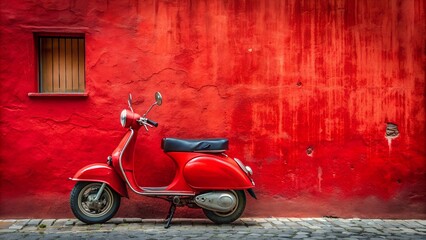 A vintage scooter parked against a wall
