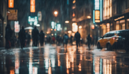 A bustling city street in the rain, with reflections on the wet pavement, 
