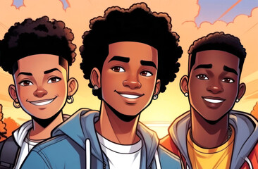 Trending group of friends in a vibrant sunset backdrop, showcasing bright smiles and stylish outfits