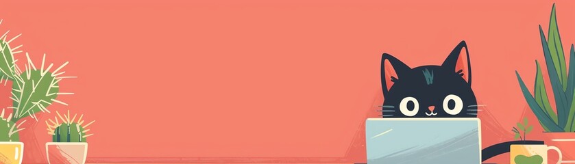 Cute chubby cat at desk, laptop, cactus, pink background, playful scene