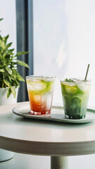 cup of iced tea on the table cafe wall 