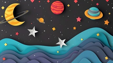 Whimsical Cosmic Landscape with Planets Stars and Celestial Wonders