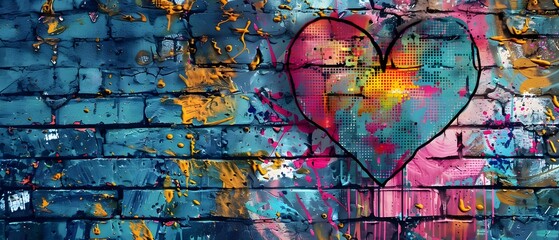 Fototapeta premium Vibrant Punk Pop Heart Graffiti Spray Painted Urban Wall Background
