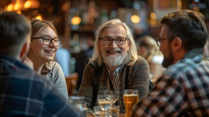 Group of friends at bar. Group of adults participating in a trivia night at a bar. Social event. Casual and sociable