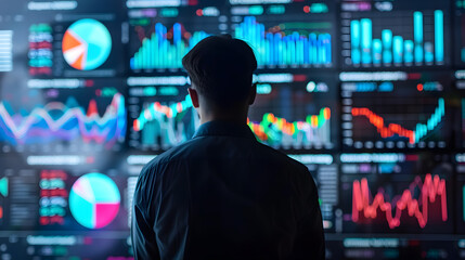 A man analyzing data on multiple screens with colorful graphs and charts, representing financial and market analysis in a modern setting.