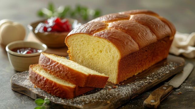 Brioche: A loaf of buttery, soft brioche with a shiny golden top, partially sliced, with a small dish of homemade jam. Traditional French bread.