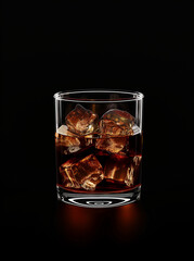 Cognac with ice in a transparent glass on a black background